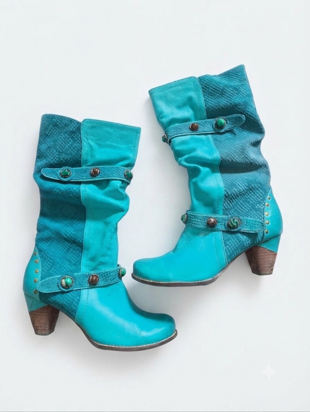 L'Artiste Spring Step Promenade Teal Studded Leather Mid-Calf Boots Sz 40